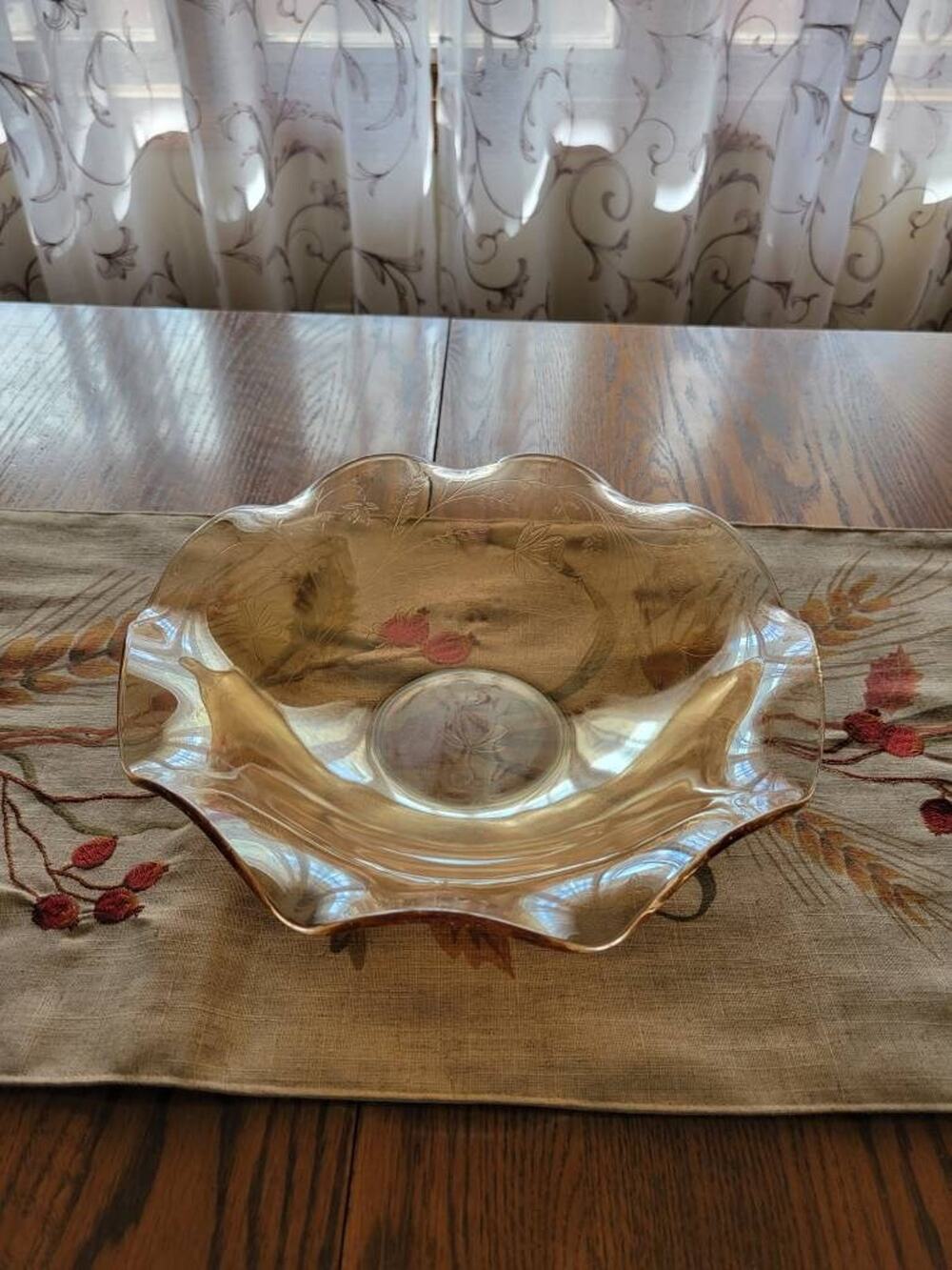 Vintage Floragold Louisa Bowl, Depression Glass, Iridescent Ruffled, 11-1/2 inch